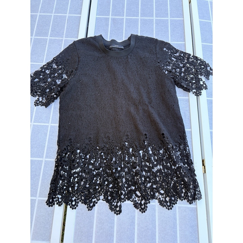 Zara Black Lace Fringe Vamp Romantic Dark Glam Scalloped Hem Top Women's Sz M